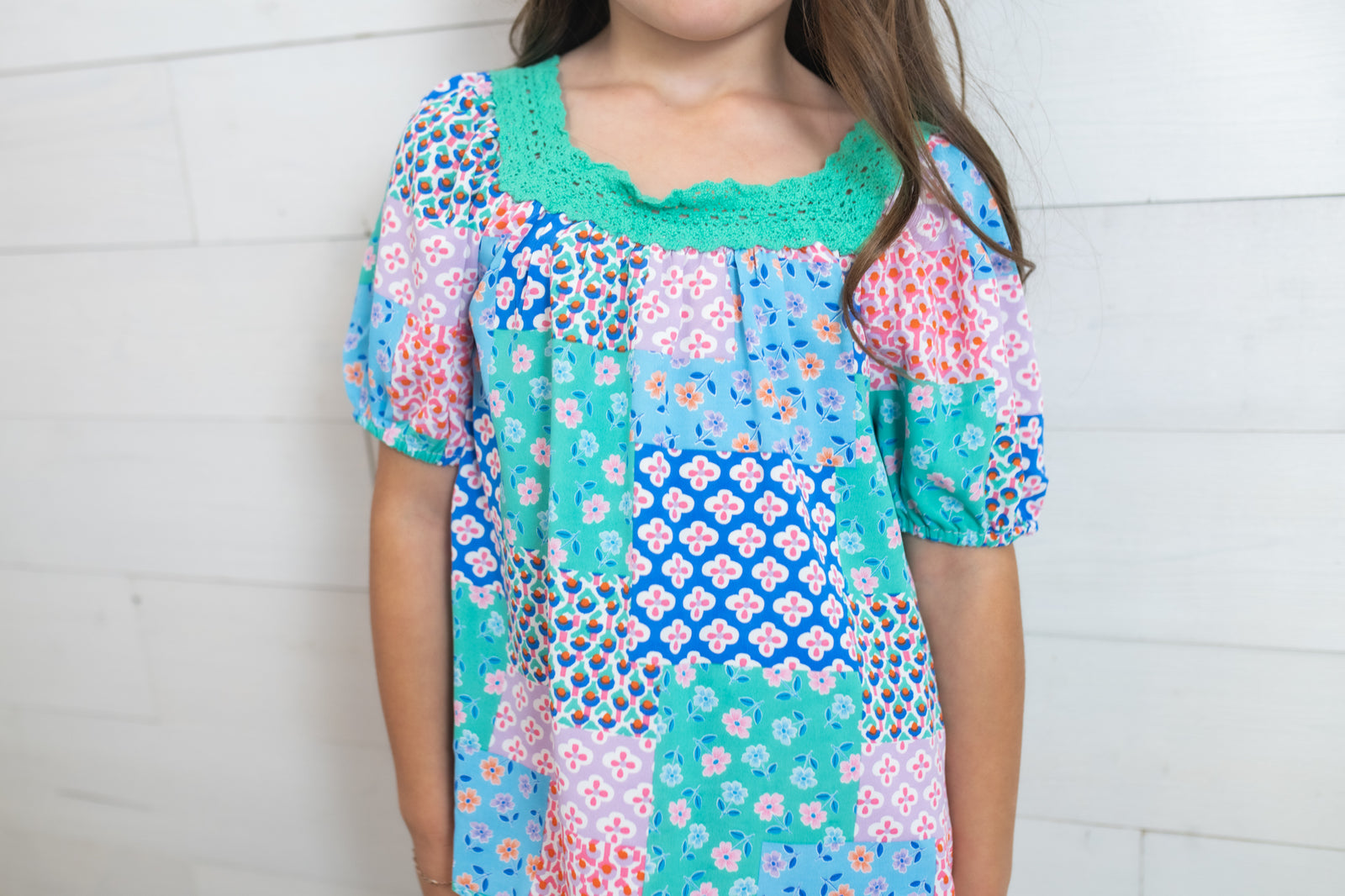 Girls Square Neck Floral Top Green