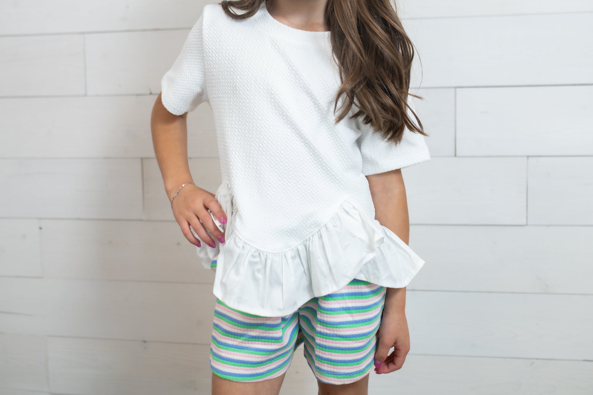 Girls Striped Shorts with Pockets Green Blue