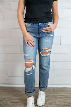 Jenny High Rise Distressed Straight Leg Blue Jeans