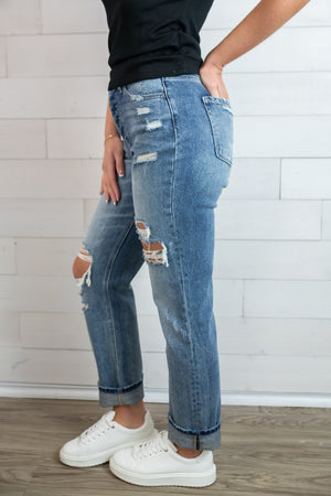 Jenny High Rise Distressed Straight Leg Blue Jeans