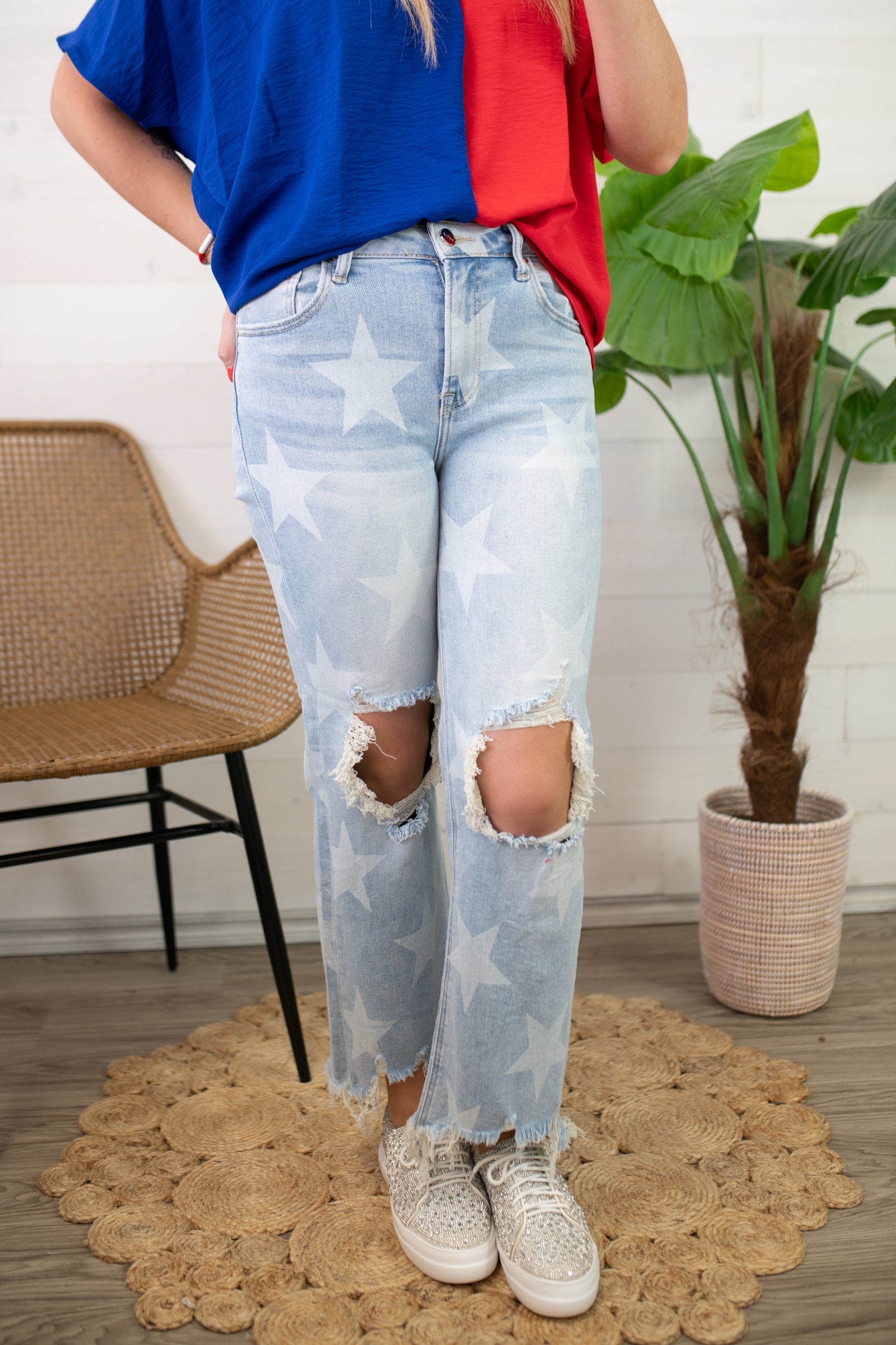 Dallas Light High Rise Star Printed Straight Crop Jeans