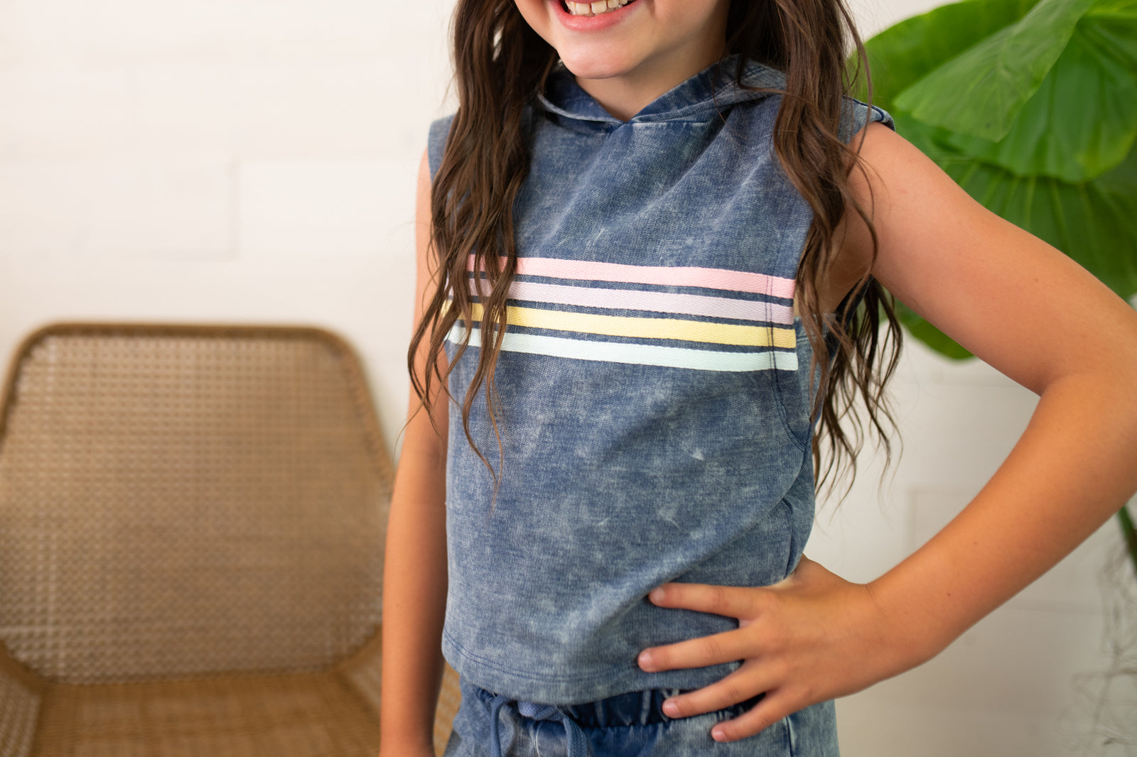 Denim Washed Trench Terry Sleeveless Hoodie