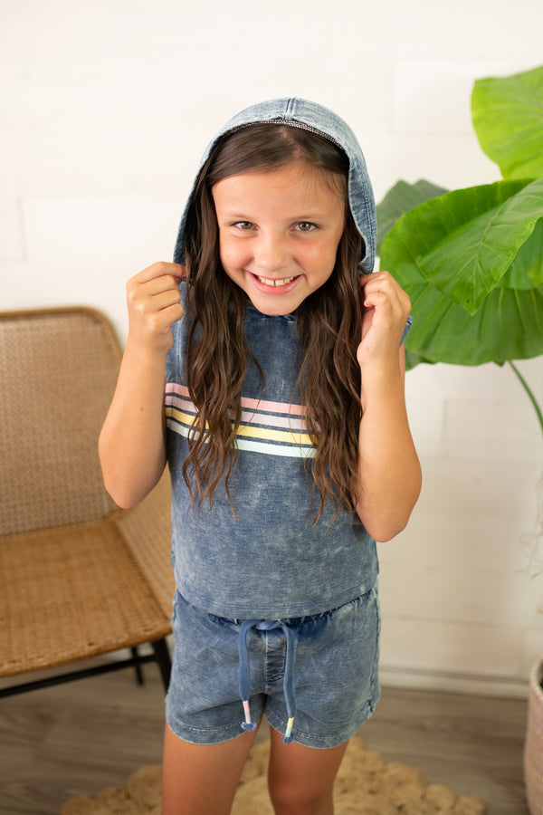 Denim Washed Trench Terry Sleeveless Hoodie - The Burlap Buffalo