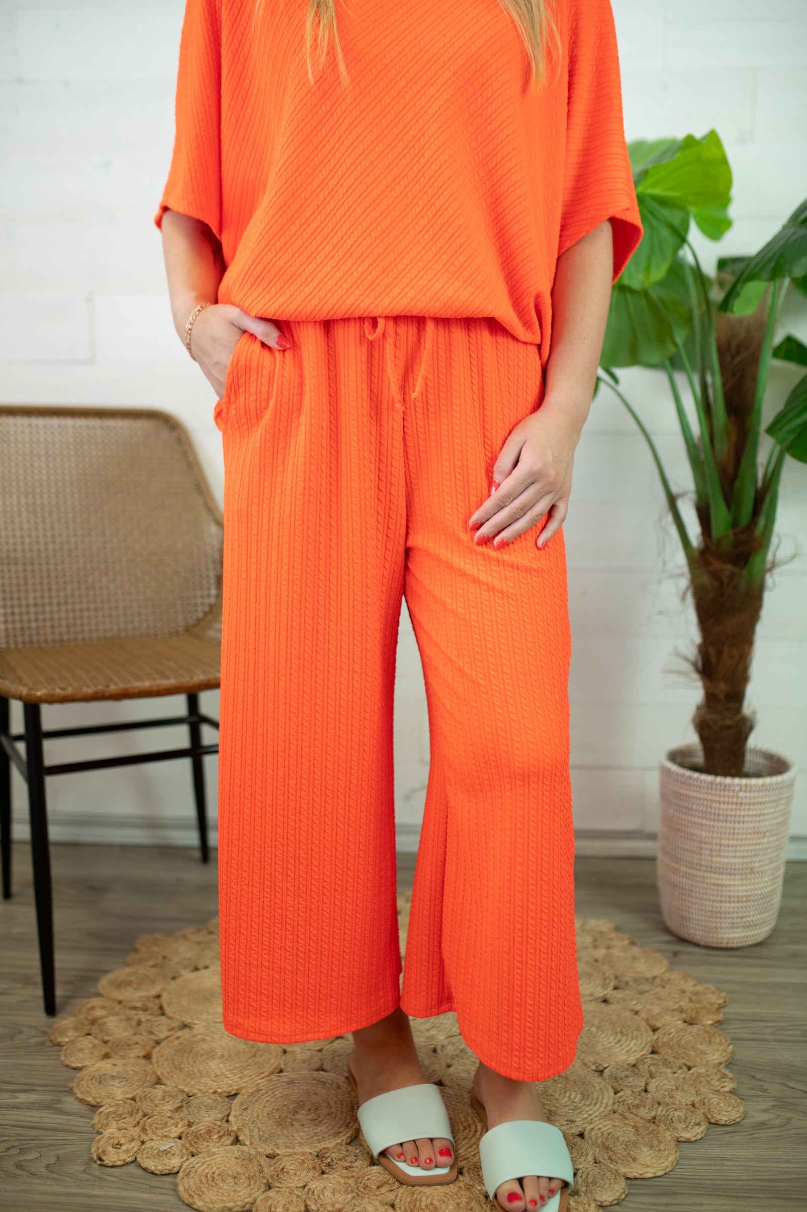 Neon Orange Cropped Knit Pants