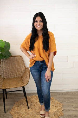 V Neck SS Blouse-Apricot