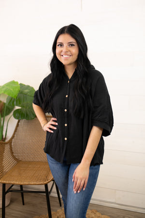 Black Button Up Textured Top