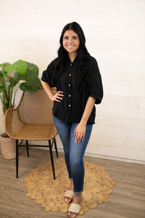 Black Button Up Textured Top