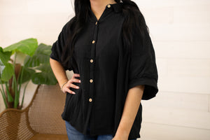 Black Button Up Textured Top