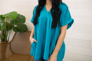 Gauze Raw Edge Short Sleeve V Neck Top-Light Teal