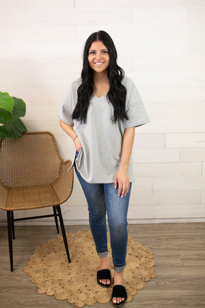 Heather Grey Oversized V Neck Reversible SS Top