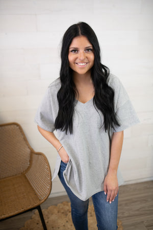 Heather Grey Oversized V Neck Reversible SS Top