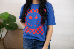 Patriotic Checkered Smiley Face Graphic Tee