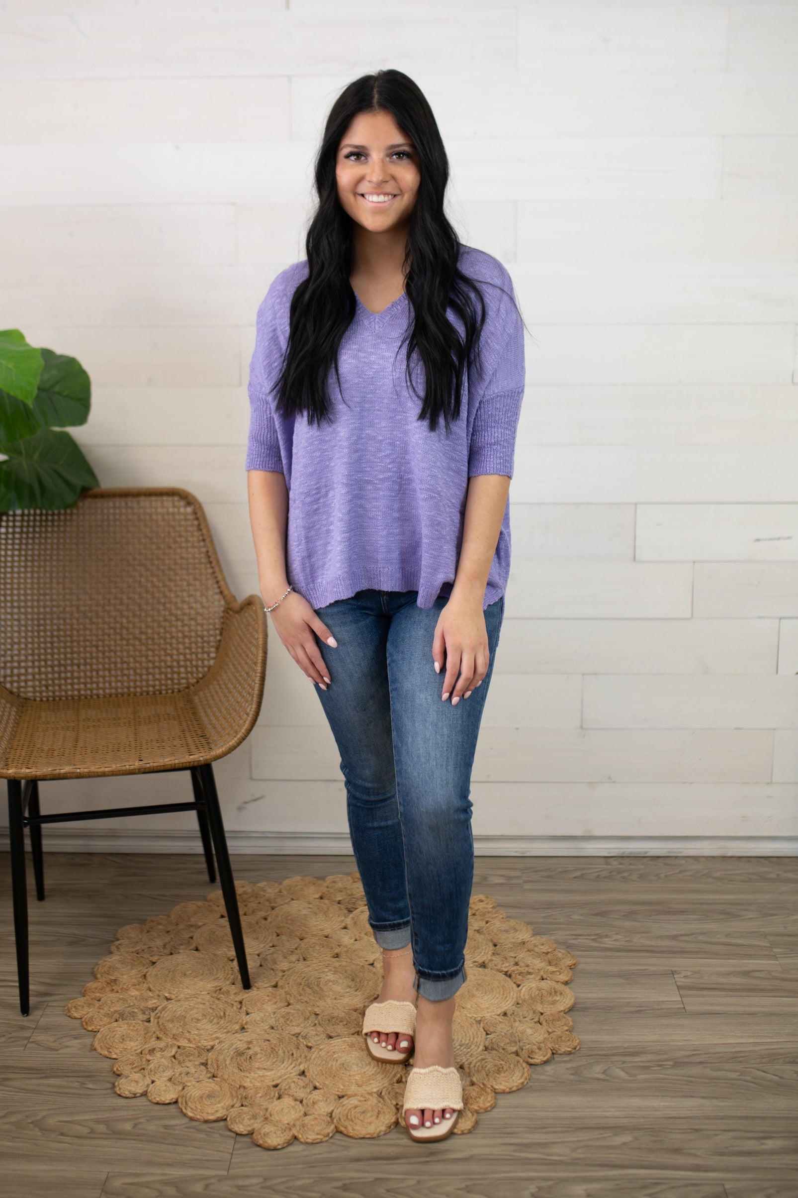 Lilac V Neck Oversized SS Sweater