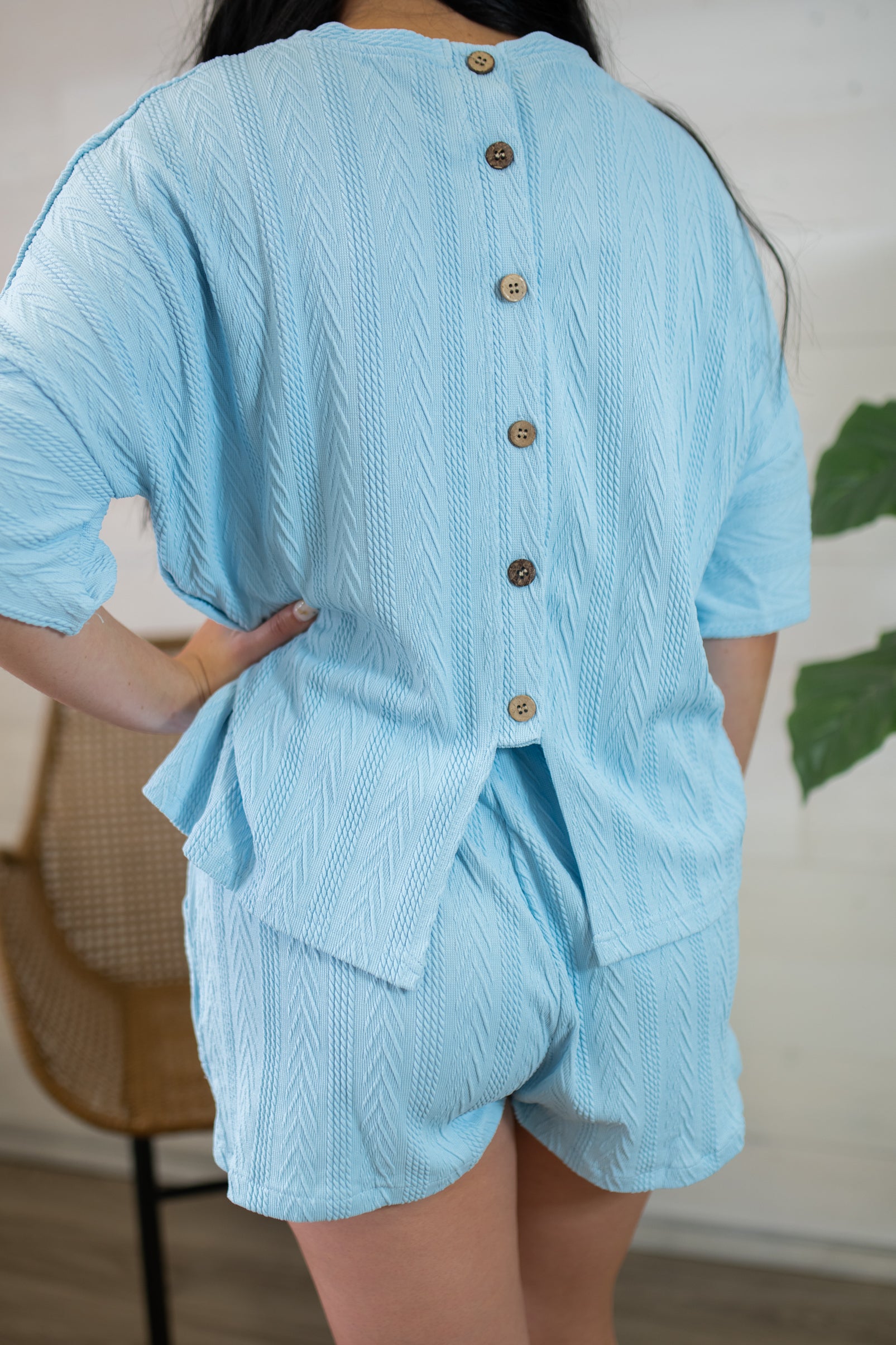 Button Up Back Top with Matching Shorts-Light Blue