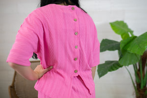 Button Up Back Top with Matching Shorts-Pink