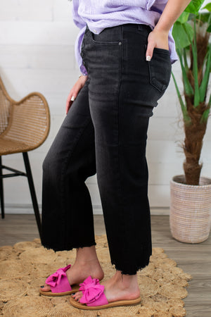 Harper HW Destroy Raw Hem Crop Wide Black Jeans