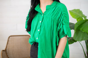 Button Up Top with Ruffle Short Sleeve-Green