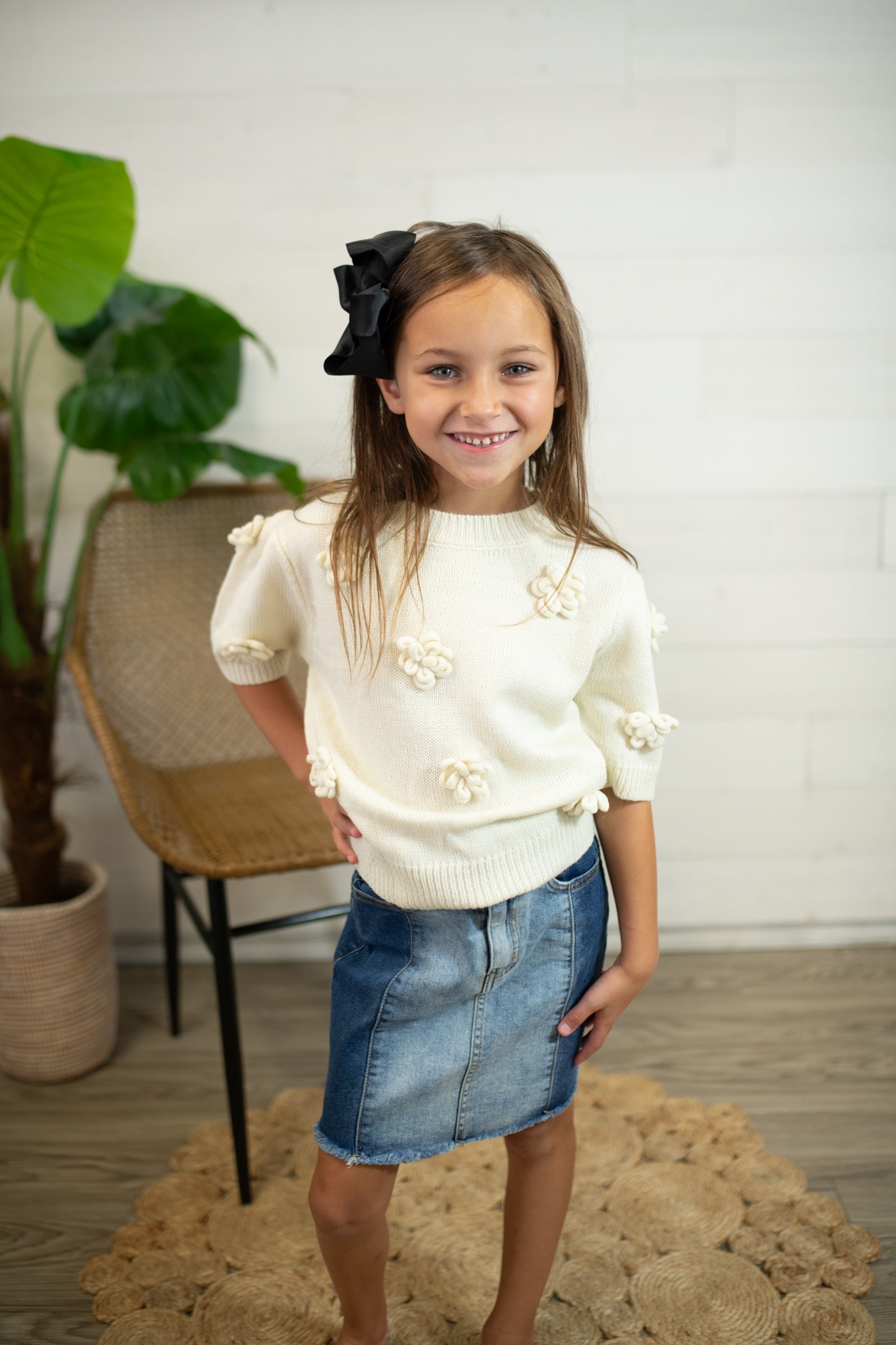 Girls SS Sweater with Flowers-Ivory