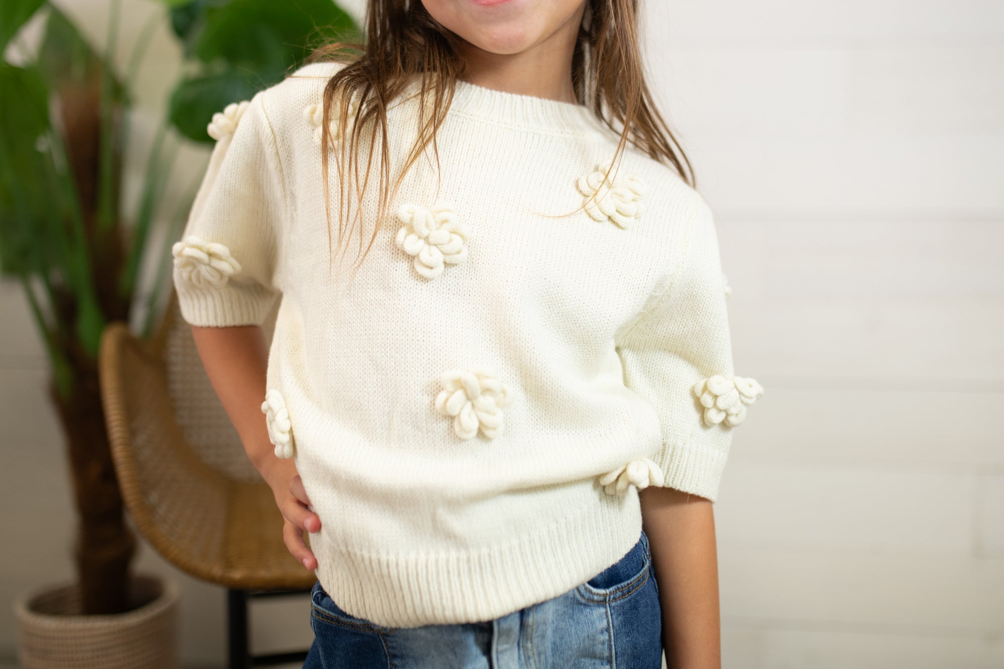 Girls SS Sweater with Flowers-Ivory