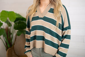 Light Weight Polo Striped Sweater-Hunter Green