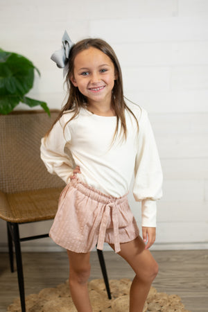 Girls Long Sleeve Ribbed Top-Ivory