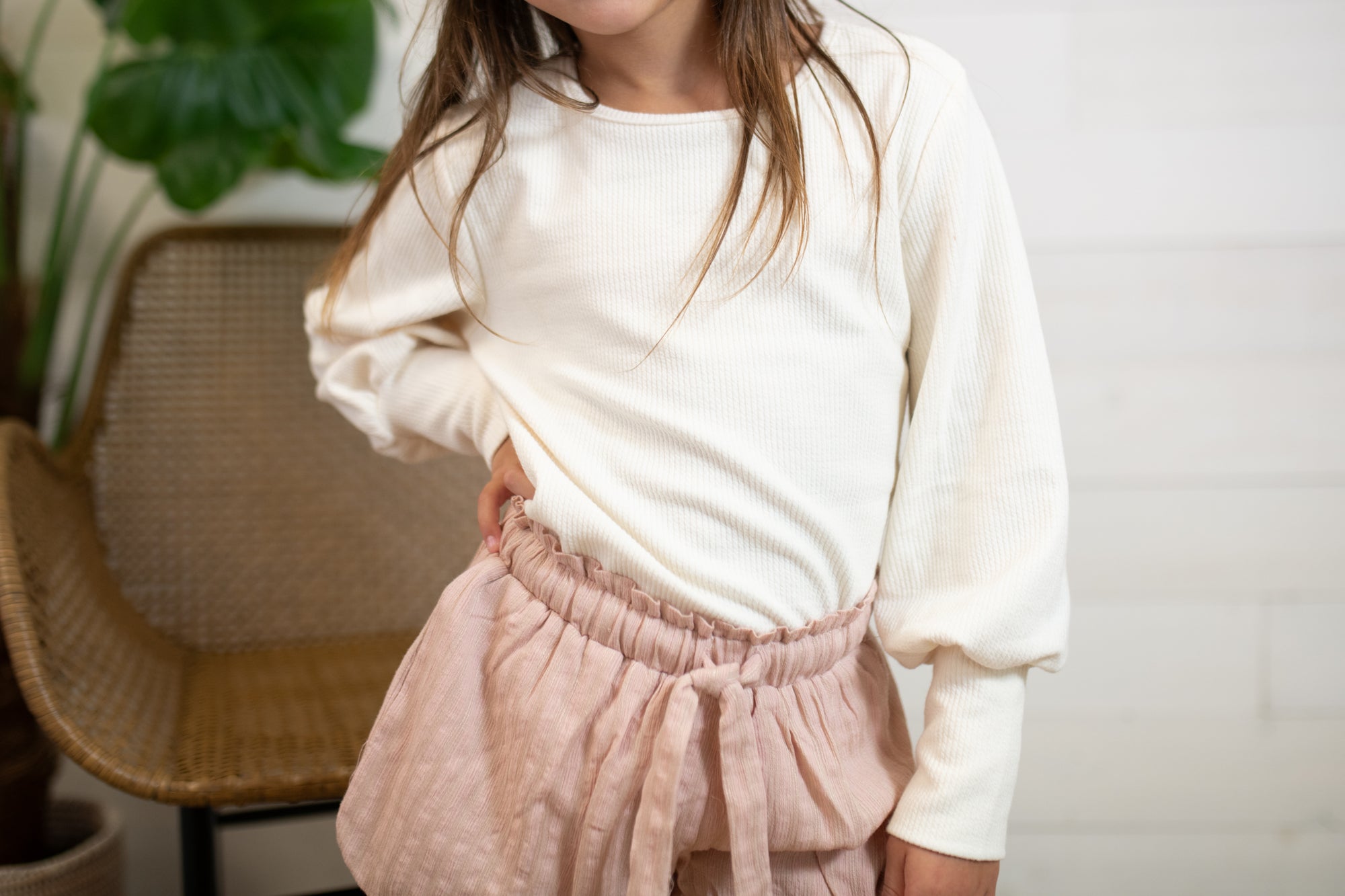 Girls Long Sleeve Ribbed Top-Ivory