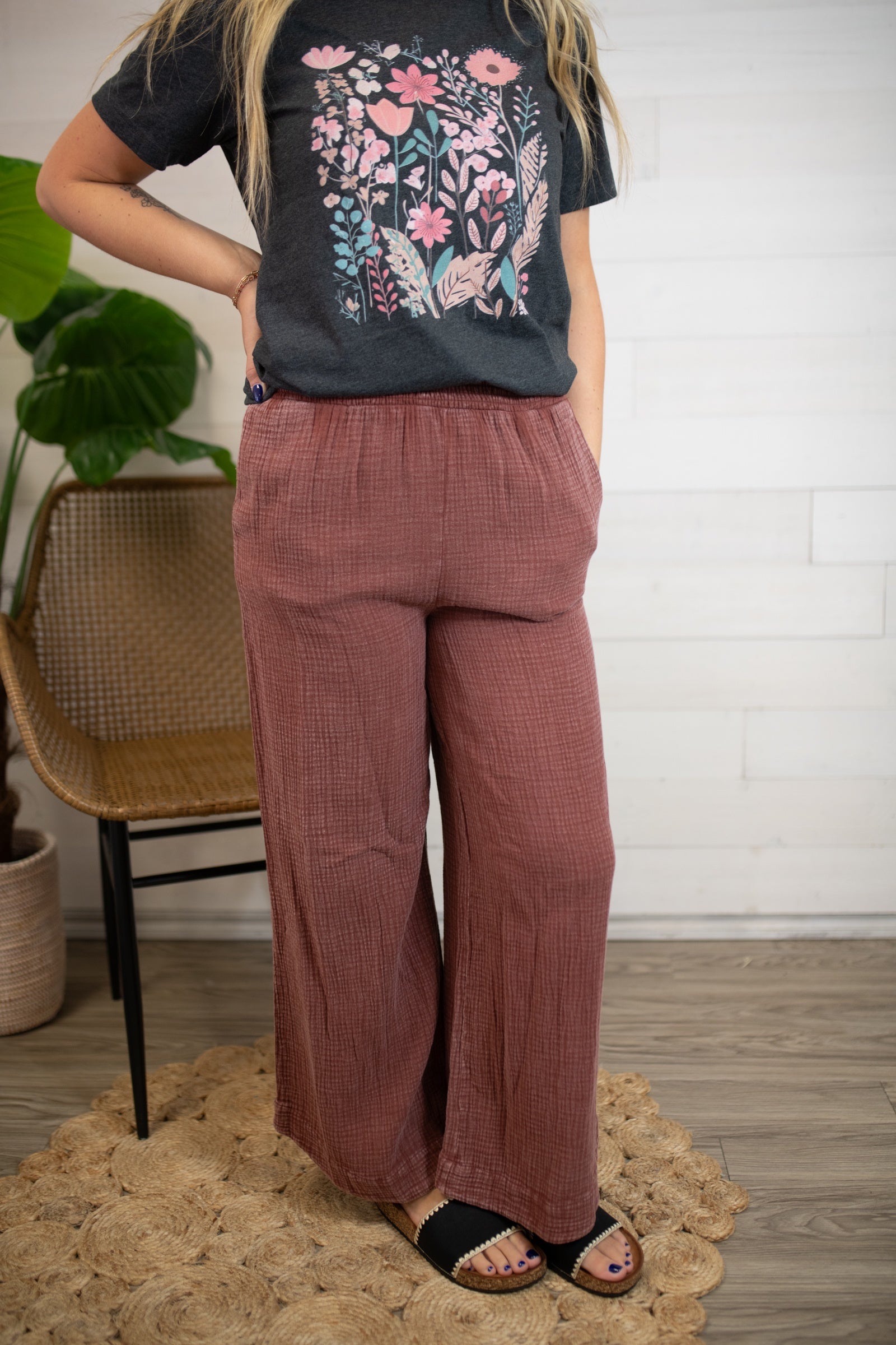 Smocked Waisted Mineral Washed Cotton Gauze Pants-Red Bean