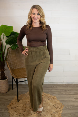 Smocked Waisted Mineral Washed Cotton Gauze Pants-Olive