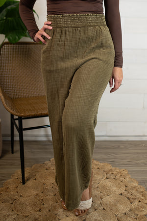 Smocked Waisted Mineral Washed Cotton Gauze Pants-Olive