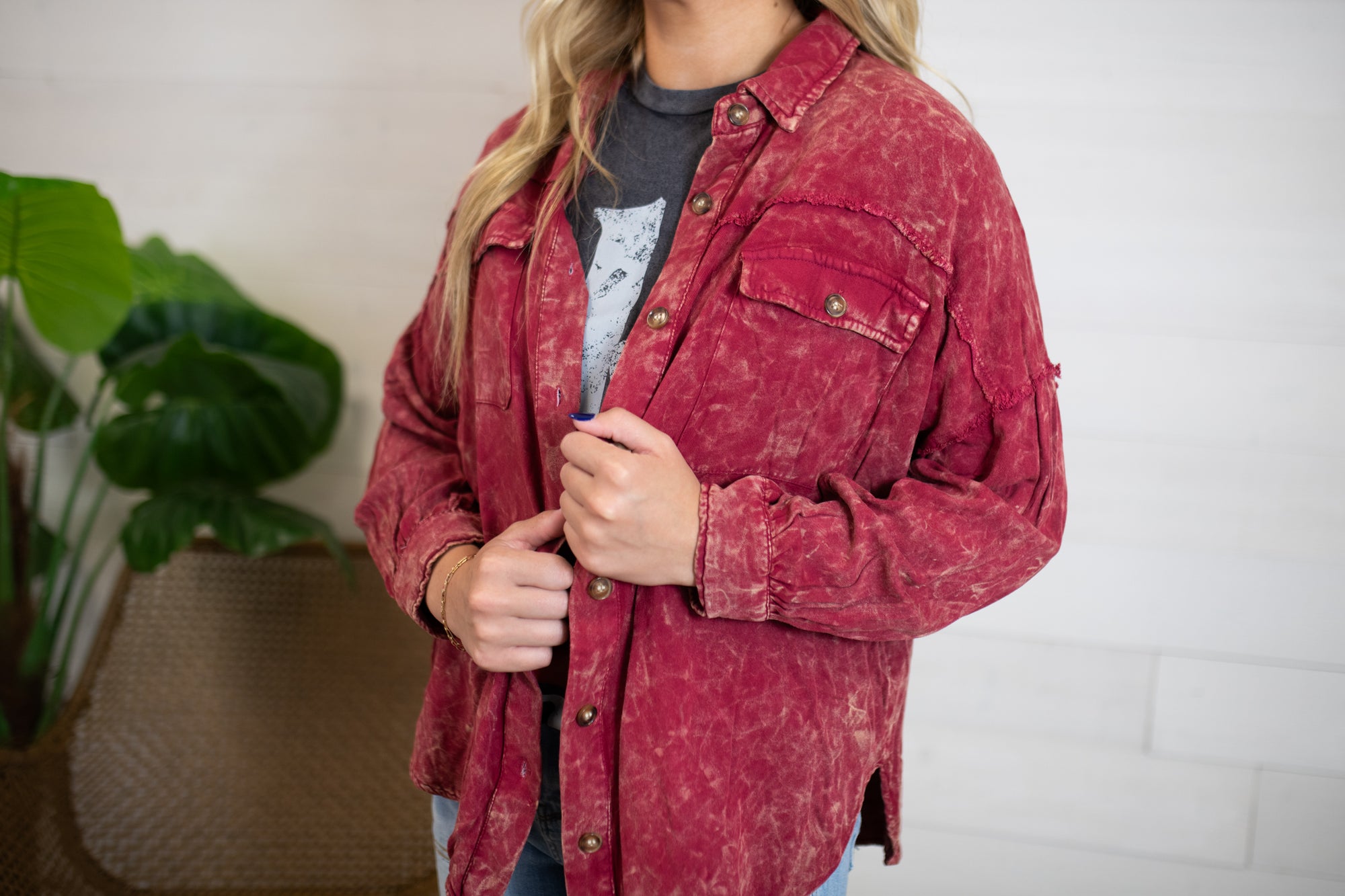 Dean Acid Washed Button Up Top-Burgundy