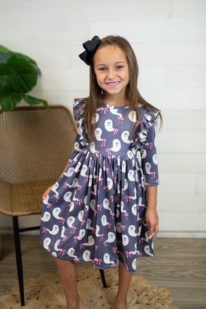 Ruffle 3/4 Sleeve Twirl Dress-Tied with a Boo