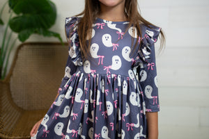 Ruffle 3/4 Sleeve Twirl Dress-Tied with a Boo