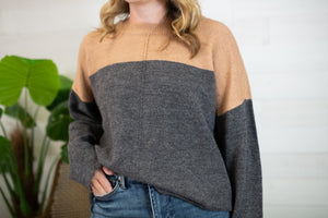 Contrast Long Sleeve Knit Pullover Sweater-Charcoal