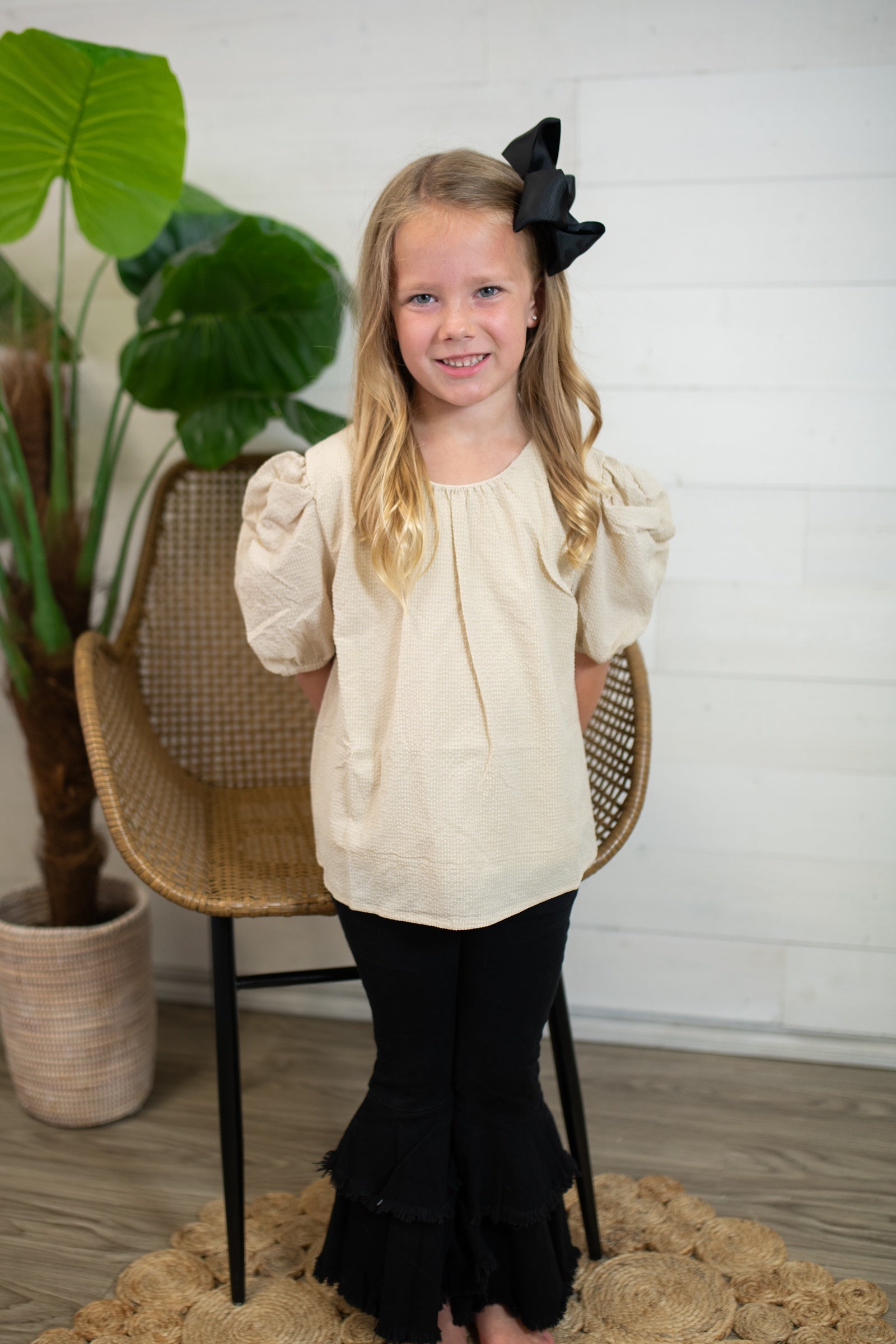 Girls Top with Puffy Sleeves-Beige