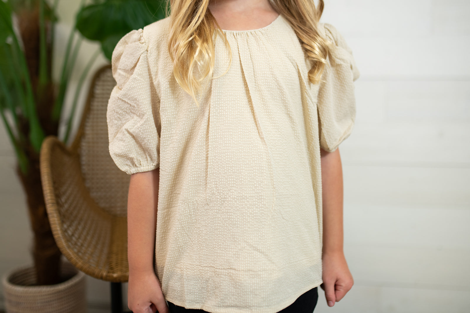 Girls Top with Puffy Sleeves-Beige