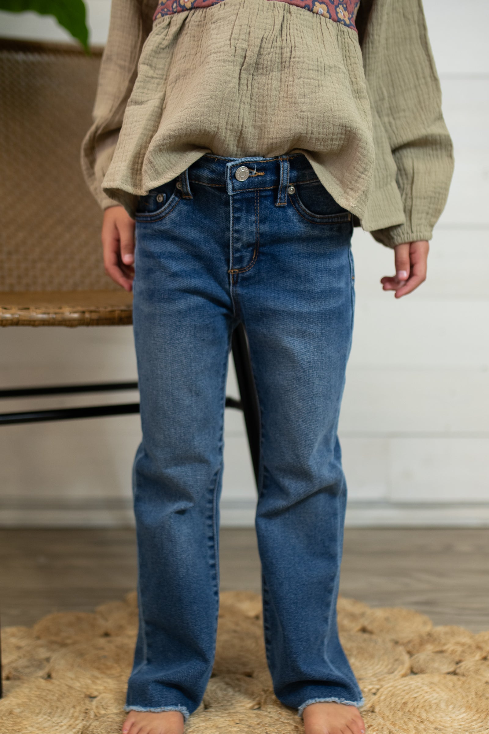 High Rise Straight Leg Jean with Fray Hem