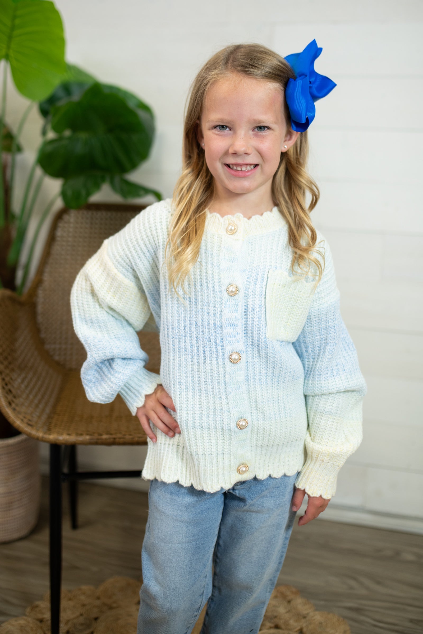 Girls Cardigan with Pearl Buttons-Blue & Ivory