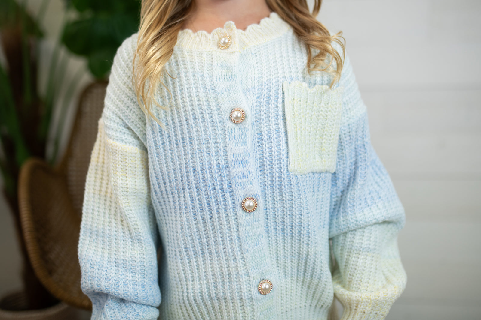 Girls Cardigan with Pearl Buttons-Blue & Ivory