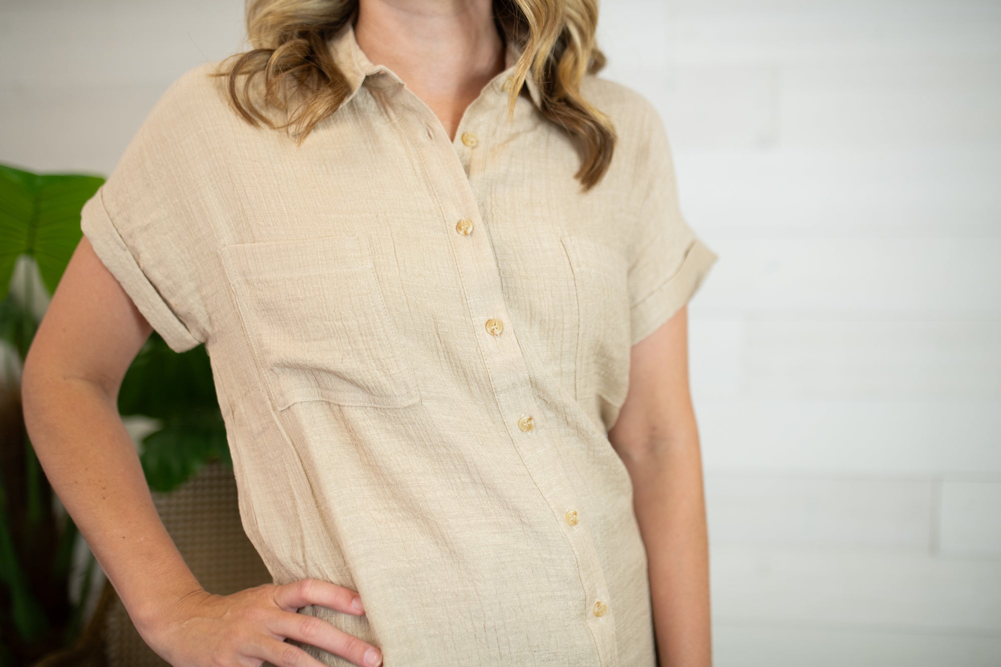 Collared Crinkled Cuff Sleeve Button Down Shirt-Khaki