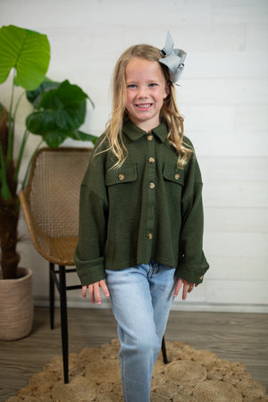 Girls LS Button Up Waffle Top-Olive