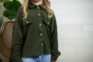 Girls LS Button Up Waffle Top-Olive