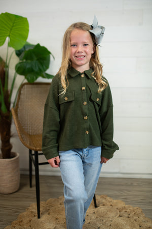 Girls LS Button Up Waffle Top-Olive