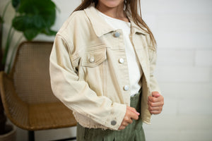 Girls Jean Jacket with Raw Edge-Beige