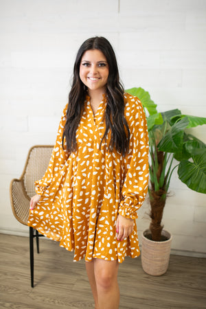 Animal Print Split Neck Long Puff Sleeve Dress-Ochre Mix