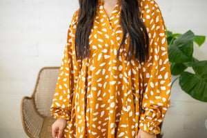 Animal Print Split Neck Long Puff Sleeve Dress-Ochre Mix