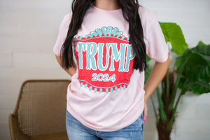 Trump 2024 Rodeo Belt Buckle Graphic Tee-Pink