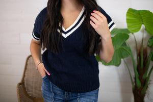 Cable Knit Dolman Short Sleeve Sweater-Navy