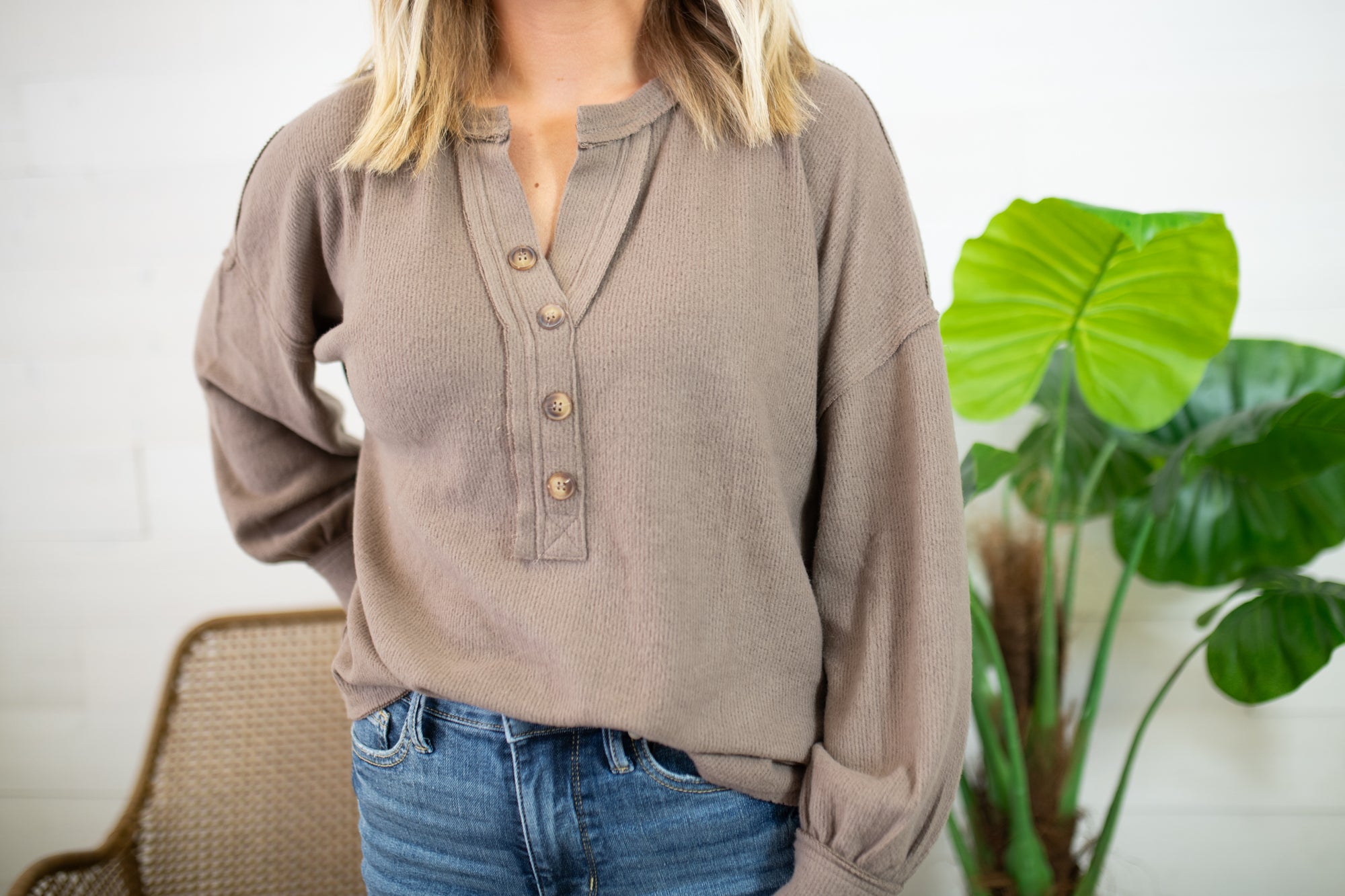 1/2 Front Button Pullover Sweater-Taupe