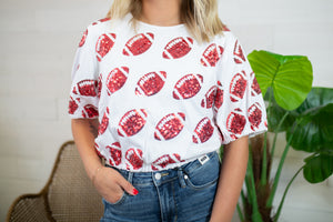 Gameday Football Sequin Top-Red & White