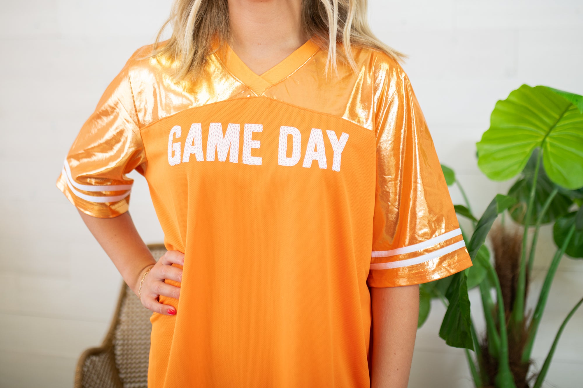 Metallic Gameday Football Dress-Orange & White